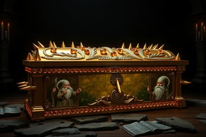 In this photorealistic image, a gold sarcophagus stands imposingly against a dark, foreboding background, its surface adorned with intricate details. Rose cut citrines glint in the dim light, complemented by willow-shaped decorations and bands of octagon cut citrines and cushion diorite cabochons that seem to shimmer like jewels. Spike-like protrusions made of diorite jut out from the sarcophagus, adding a sense of menace to the piece.


The gold sarcophagus, adorned with exceptional craftsmanship, lies before you. Rose cut citrines encrust its surface, complemented by willow-shaped decorations and bands of octagon cut citrines and cushion diorite cabochons. The sarcophagus menaces with spikes of diorite, adding a sense of foreboding to the piece.

A depicted scene on the sarcophagus portrays Stukos Mazewound, a dwarf, ascending to the position of baroness of The Glad Lash in 194. Surrounded by fellow dwarves, this artwork symbolizes a significant milestone for the community.

Another image on the sarcophagus captures Edëm Towerpaint, another dwarf, weeping over the destruction of her masterful pig tail cloak. The cloak had been created for The Tomb of Squeezing at Zedotkol and was destroyed in early spring of 290 by an unknown creature. This artwork serves as a tribute to lost artistry and serves as a reminder of the transient nature of creative works.
