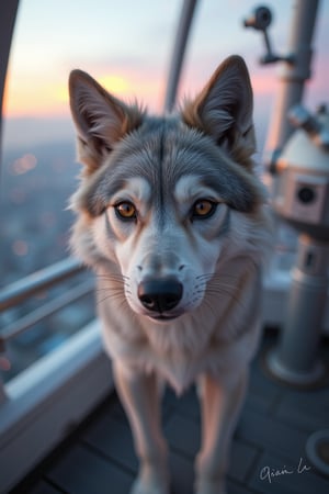 A close-up, eye-level shot of a female werewolf with cute and sexy furry features, centered on the observation deck of a cosmic observatory. Her hazel eyes gleam with mischief, and her soft, silver fur contrasts against the blurred, bokeh-filled background of celestial instruments. The soft pastel lighting, with a gentle lavender and peach hue, casts a dreamy glow, enhancing her ethereal beauty. The scene is framed with a shallow depth of field, emphasizing her detailed features. Shot on a Leica CL with a Leica Summilux-TL 35mm f/1.4 ASPH lens, the image has a slight film grain and a warm, nostalgic color grading, reminiscent of Harry Benson's style.