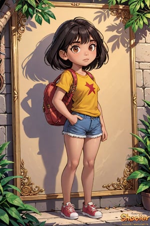 A highly detailed, ultra-realistic portrayal of Dora the Explorer, showcasing her iconic shadow in a concept art-inspired setting. The artwork captures intricate details, ensuring it is both highly detailed and hyper-focused, while adhering to Swantleave Point's photorealistic standards. The golden-accented design adds a touch of elegance to Dora's appearance, making her poster stand out with its sharp focus and riveting intricacy.