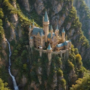 In this captivating tourism advertisement, a majestic aerial shot frames the mystical realm of Rivendell, as emerald forests and rolling hills cradle intricately detailed Gothic-Style architecture. The camera pans down to reveal Art Nouveau-inspired spires and turrets amidst lush vegetation, while a waterfall cascades down a rocky face in perfect harmony with whimsical Gaudí-esque details. Against the warm glow of an ethereal golden light, the entire scene appears bathed in an otherworldly radiance, beckoning viewers to enter this dreamlike realm.
