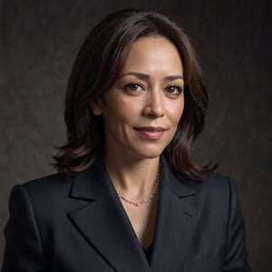 Kamala Harris, Vice President of the United States, exudes confident elegance in a medium shot against a dark background. Soft box lighting creates a flattering glow on her mature beauty, accentuating her silver fox hair and natural makeup. Her direct eye contact and subtle smile convey approachability and seriousness. A high-end camera captures her portrait with an 80mm lens at f/1.4, producing a shallow depth of field and film grain texture. The Canon EOS 5DS R, ISO 100, and 6x7cm medium format film ensure natural skin tones and color accuracy. No retouching or graphics are applied, allowing her mature presence to shine.