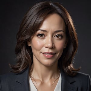 Kamala Harris, Vice President of the United States, exudes confident elegance in a medium shot against a dark background. Soft box lighting creates a flattering glow on her mature beauty, accentuating her silver fox hair and natural makeup. Her direct eye contact and subtle smile convey approachability and seriousness. A high-end camera captures her portrait with an 80mm lens at f/1.4, producing a shallow depth of field and film grain texture. The Canon EOS 5DS R, ISO 100, and 6x7cm medium format film ensure natural skin tones and color accuracy. No retouching or graphics are applied, allowing her mature presence to shine.