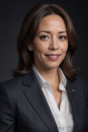 Vice President Kamala Harris posed confidently in a medium shot against a dark background, exuding elegance under soft box lighting that accentuated her silver fox hair and natural makeup. Her direct gaze and subtle smile conveyed approachability and seriousness, framed by the 80mm lens at f/1.4 capturing a shallow depth of field and film grain texture on the Canon EOS 5DS R with ISO 100 and 6x7cm medium format film, showcasing her mature presence without retouching or graphics.