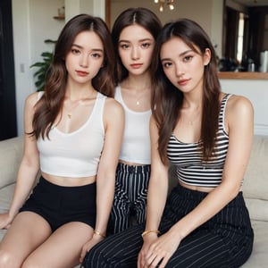 Two young women, side-by-side in a candid selfie, their faces inches from the lens. The woman on the left sports a striking white crop top, paired with black and white striped pants, her long brown locks framing her serious gaze directly at the camera. A gold necklace glimmers around her neck, featuring a pendant that catches the light. Against a warm, inviting living room backdrop, a plush couch and coffee table create a cozy atmosphere, subtly drawing attention to the genuine connection between these two women.