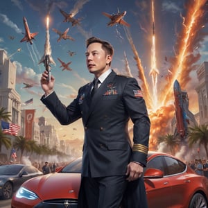 Elon Musk, resplendent in a gleaming military uniform, stands triumphantly amidst a backdrop of gleaming metallic hues and bold, graphic patterns. His arms outstretched, he gazes confidently towards a horizon ablaze with the fiery trails of SpaceX rockets soaring into the sky. At his feet, a parade of sleek Tesla cars, emblazoned with patriotic decals, march in precision formation. The overall composition is reminiscent of classic propaganda posters, replete with bold typography and vibrant colors, but here, the humorously exaggerated portrayal subverts its intended solemnity, poking fun at the glorification of progress.