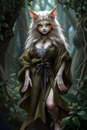 A lifelike catgirl hybrid, radiant with allure, gracefully stands amid a serene forest's depths. Her fluffy fur envelops a form adorned in a flowing nature-inspired tunic, eyes aglow with both whimsy and mischief. Subtle feline claws enhance her hands, while lush foliage and,anthro