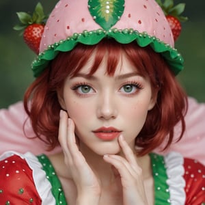 a detailed close-up captures a young woman, clad in a vibrant strawberry costume. her red hair is styled into a bob cut, accentuated by a crown adorned with green and white beads. the costume's apron features a large strawberry motif, adding a playful touch to the ensemble. the woman's eyes are painted a striking green, while her lips are a radiant pink. her hands rest on her chin, framing her face perfectly