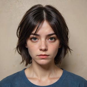 A gritty, close-up shot of a mugshot captures a somber-faced woman with a mix of sadness and resignation. Her eyes, sunken from the harsh fluorescent lighting, seem to bore into the viewer. A faint smudge of dirt or tears beneath her left eye adds a touch of vulnerability. The subject's dark hair is styled in a messy bob, framing her pale, gaunt complexion. In the background, a blurred police station logo and drab beige walls evoke a sense of institutional monotony. Her handcuffed hands rest on the edge of the mugshot frame, as if waiting to be released.