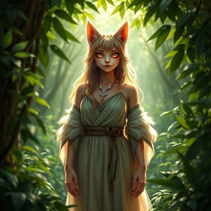 A lifelike catgirl hybrid stands amidst the serene forest's depths, her radiant aura drawing attention to her alluring presence. Framed by a canopy of lush greenery, she wears a flowing nature-inspired tunic that complements her fluffy fur, with subtle feline claws adorning her hands. Her eyes aglow with whimsy and mischief, she seems to be savoring the tranquility of her surroundings.