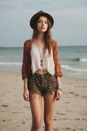 A young woman exudes a hipster vibe in her outfit, standing on a serene beach as she gazes into the distance, embodying a laid-back, bohemian aesthetic.