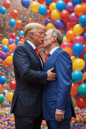 In this vibrant and provocative poster, Donald Trump and Vladimir Putin share a tender kiss as they proudly wave rainbow flags amidst a sea of colorful confetti. The dynamic duo stands center stage, surrounded by the energetic atmosphere of a Pride walk. A kaleidoscope of balloons and streamers arch above them, as confetti cannons erupt in celebration of love and acceptance. The bold, graphic design and bright hues evoke the spirit of campy excess, while the iconic figures' smooching faces radiate joy and defiance.