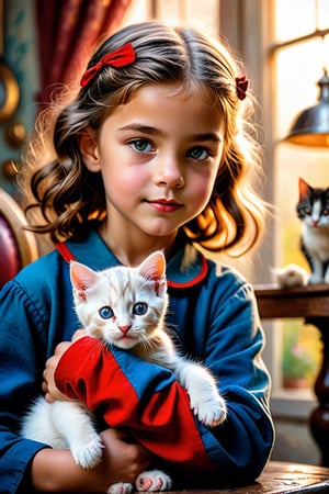 Capturing the essence of a strong yet feminine woman, this image depicts her in a glamorous pose as she holds a playful kitten. The scene is rendered with intricate detail and stunning oil painting techniques, highlighting both the subject's beauty and the surroundings. With cinematic lighting casting a warm glow on the scene, it invokes feelings of nostalgia and comfort. The photograph features a 40mm lens at f/1.2, resulting in a sharp focus that emphasizes the connection between the little girl and her beloved kitten. This striking portrait will leave viewers captivated by its unique blend of vivid colors, 4K textures, high contrast, and hidden magical elements.,