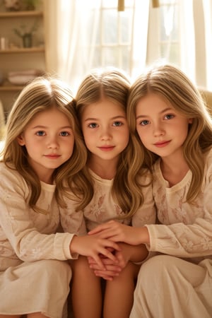 Three sisters, a tender trio, sit together in harmony: the 7-year-old's bright curiosity, the 12-year-old's gentle introspection, and the 18-year-old's wise radiance. Soft golden light bathes their faces, warming the scene as they lean in, hands intertwined, amidst a cozy domestic setting. The photorealistic image glows with a sense of nostalgia, capturing the innocence and beauty of their bond, as the sisters' eyes shine bright with love and connection.