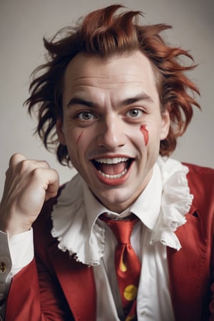 a detailed close-up captures a vintage photograph of a man dressed as a clown, his face contorted in laughter. the man's eyes are wide open, and he is wearing a red jacket with a white collar. his hair is disheveled and wild, adding to the overall chaos of the scene. the man's left hand is extended towards the viewer, while his right hand is clenched into a fist. the text "if project 2025 were a person" is prominently displayed at the bottom of the image, in black letters on a white background