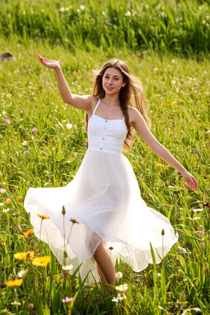 A  girl's dreamy dance in a sun-kissed meadow, surrounded by vibrant wildflowers, wears a flowing white dress, the girl is 16 years old,beaming with a bright and charming smile, as warm rays of sunlight filter through lush green blades, casting a soft glow on the serene scene, reminiscent of Renoir or Morisot's Impressionist masterpieces.,hubggirl