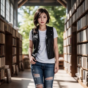 A young captain with tousled hair stands confidently in a sunlit library, where books sprout legs and share their tales. Dressed in a black leather vest, white t-shirt, ripped jeans, and cowboy boots, she exudes a blend of toughness and charm. Her hand rests on her hip, and she is centered in the frame, slightly angled. The background is a blurred greenery, with anamorphic lens flares adding a cinematic touch. The lighting is natural, with a shallow depth of field and HDR, creating a double complementary (tetradic) color palette. The scene is hyperdetailed, shot on a Sony A6400 with a Sony E 35mm f/1.8 OSS lens, capturing the intricate details and film grain, with a noir influence.