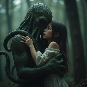 In a chilling and enchanting scene, a faceless tentacle monster tenderly embraces a frightened yet adorable young woman, creating a stark contrast between the dreadful presence of Cthulhu and the cuteness of his victim. Despite the terrifying situation, an unexpected romantic and sensual tenderness emerges between the two, weaving an unexpected depth into the composition and adding nuance to the horrifying premise. The dreadful yet beautiful image exudes a fascinating blend of fear, curiosity, and affection, as if plucked from the pages of a classic Lovecraftian tale. This unforgettable scene encapsulates the essence of the mind-bending, gothic horror that has captivated audiences for generations, inviting viewers to explore the fascinating realms of terror and tenderness that lie beyond the boundaries of the mundane.