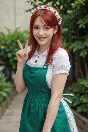 The image is a portrait of a young woman with red hair. She is wearing a red and white apron with a strawberry design on it. The apron has a white collar and a green skirt with red polka dots. She has a green headband with a blue and white floral design on top. The woman is smiling and making a peace sign with her fingers. She appears to be posing for the photo. The background is blurred, but it seems to be an outdoor setting with greenery.