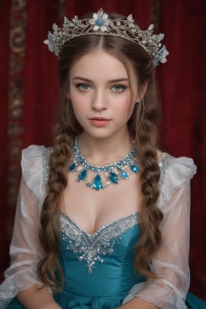 In a medium shot, a serene fair-skinned girl with long brown hair and turquoise dress adorned with silver crown and blue jewels sits in contemplation. Her eyes closed, mouth slightly agape, she wears a white long-sleeved dress with silver sequins and a large flower centerpiece. Pigtails, each ending in a braid, frame her face. The stark white backdrop provides a striking contrast to her vibrant attire, while the red curtain on the left adds a bold pop of color.