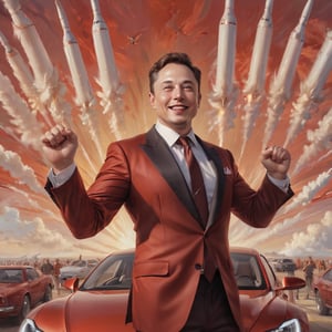 Elon Musk, radiant in a gleaming suit, stands triumphantly amidst a sea of gleaming metallic hues, surrounded by soaring SpaceX rockets and sleek Tesla cars. A triumphant smile spreads across his face as he raises a fist in victory, against a backdrop of bold, red-and-gold stripes. The artwork's composition is reminiscent of classic propaganda posters, with the added twist of playful humor.