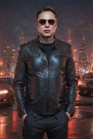 Elon Musk stands defiantly amidst the darkened cityscape at dusk, neon lights reflecting off the wet pavement like a canvas of fiery hues. He dons a black leather jacket and shades, his eyes aglow with an otherworldly red intensity as he conjures an army of miniature electric cars to march beneath him. In his right hand, he grasps the sleek Tesla Cybertruck, its metallic body adorned with a malevolent grin that seems to mock the urban landscape.