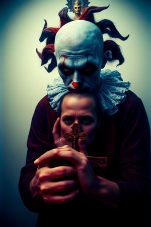 A sinister, twisted evil clown with pale skin, Medusa-inspired tattoos, and saintly attire stands provocatively in a dreamer's fortress, illuminated by soft, warm lighting from a single overhead light. The clown's eyes gleam with malevolence, contrasting with the serene, plain white wall behind. In the foreground, a dreamer with fair skin and a look of horror clutches a crucifix, their eyes wide with fear. The scene is captured in a dynamic, eye-level portrait orientation with a deep depth of field, emphasizing the intricate details of the clown's skin pores and the dreamer's emotional distress. Cinestillidoscurio's vivid hues enhance the dramatic mood, with a subtle film grain adding texture. The composition is exquisitely detailed, finely crafted, and complex, reminiscent of the visual style of director David Lynch, with a chilling atmosphere and a sense of impending doom.