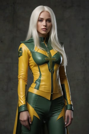 A bold superheroine stands tall, dressed in a vibrant yellow and green suit adorned with a distinctive cross emblem on the chest, paired with a black jacket and hood. Her long white hair flows behind her as she confidently poses, one hand resting on her hip and the other on her thigh. A serious expression dominates her face, fixed directly at the camera. Against a gritty concrete wall backdrop, a window to the right adds depth. The overall mood is dramatic and powerful, evoking a sense of strength and determination.,Supersex