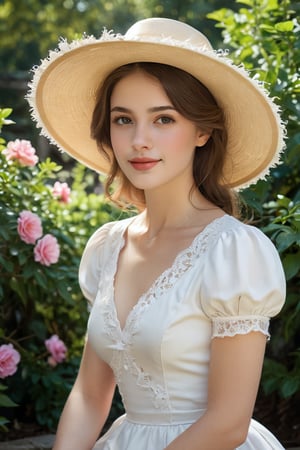 The subject of the painting is a young woman dressed in a white dress with short sleeves. Her attire appears to be formal or semi-formal, suggesting that she might be attending a special occasion such as a party, wedding, or ball. 

She is wearing a wide-brimmed yellow hat adorned with delicate lace trimmings around its edge, which matches her bright smile and youthful demeanor. There's also a ribbon tied at the base of the brim, adding another decorative element.

The woman has light brown hair styled neatly under the hat, giving off a classic look reminiscent of early 20th-century fashion trends. Her eyes are downcast but directed towards the viewer, hinting at shy or bashful emotions without revealing too much vulnerability. Her skin tone suggests fair complexion, likely indicating Caucasian heritage, although it’s hard to determine definitively from the image alone.

In the background, there seems to be a large bush with vibrant pink flowers. This floral backdrop adds color contrast against the white dress while bringing out the greenery around the area where the lady stands. The leaves on these bushes suggest lush growth indicative of springtime weather conditions, enhancing the overall cheerful ambiance of the scene. 

Behind the woman lies what looks like a window frame, possibly part of a garden view through glass doors or windows, showing more trees and sky beyond. The outdoor setting indicates that the woman may have been captured during a pleasant day outdoors, potentially near a home garden or park. The reflection of light on various surfaces hints at the sun being present, emphasizing a serene, peaceful moment caught by the artist.

Overall, the composition captures elements of innocence, femininity, elegance, and nature, making for a harmonious blend typical of classical portraiture styles often associated with Impressionist or Romanticism influences.