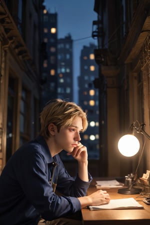 A young boy, likely in his late teens or early twenties, sits contemplatively on a worn wooden bench amidst the dimly lit confines of a clandestine hacker's hideout. Soft, muted lighting emanates from a combination of overhead fluorescent tubes and strategically placed desk lamps, casting minimal shadows on the character's relaxational pose. With his blonde locks slightly tousled and a thoughtful expression etched on his youthful face, he gazes off to the side, lost in thought. 

Against a background of gleaming computer screens and scattered cables, his focused attention remains riveted on an unknown point beyond the frame, his eyes beseeching secrets from the shadows. His blue polo shirt, bearing a crisp white logo on the left shoulder, seems at odds with the anarchy and disorder that surrounds him, yet it stands as a testament to the boy's resilience and adaptability. 

The cityscape outside, visible through the grimy tenement windows, serves as a constant reminder of the world beyond this hermetic realm, with towering skyscrapers and swaying palm trees silhouetted against a tapestry of bright city lights. Shot on a Fujifilm X-Pro3 with the Fujinon XF 56mm f-1.2 R lens, this close-up portrait captures the essence of a young hacker's fleeting moments of introspection amidst the labyrinthine corridors of the digital underground. The muted color palette and soft lighting imbue the image with a sense of quiet introspection, as if the boy's thoughts are suspended in a world of his own creation, where the boundaries between reality and fantasy blur. The velvety texture of the Fujifilm X-Pro3's film grain, subtly amplified in this shot, infuses the overall aesthetic with an air of intimacy and immediacy.