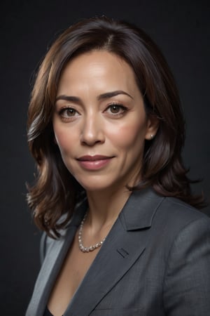 Kamala Harris, Vice President of the United States, exudes confident elegance in a medium shot against a dark background. Soft box lighting creates a flattering glow on her mature beauty, accentuating her silver fox hair and natural makeup. Her direct eye contact and subtle smile convey approachability and seriousness. A high-end camera captures her portrait with an 80mm lens at f/1.4, producing a shallow depth of field and film grain texture. The Canon EOS 5DS R, ISO 100, and 6x7cm medium format film ensure natural skin tones and color accuracy. No retouching or graphics are applied, allowing her mature presence to shine.