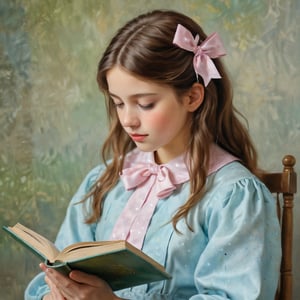 The image is a painting in an impressionist style, depicting a young girl with long, wavy, light brown hair adorned with a pink bow on the right side. She is shown in profile, facing to the left, and is dressed in a light blue, polka-dotted dress with a high collar. The girl appears to be engrossed in reading a book, which she holds in her right hand, her left hand resting on her lap. The background is a blurred, abstract mixture of greens and yellows, suggesting an outdoor setting with tall, grassy vegetation. The painting is executed in soft, blended brushstrokes, characteristic of impressionist art, which gives a gentle, dreamy quality to the image. The girl's expression is calm and focused, her eyes looking down at the book. The overall mood of the painting is serene and contemplative, capturing a quiet moment of reading and reflection. The texture of the painting is smooth and rich, with a soft, luminous quality that enhances the impressionistic style.