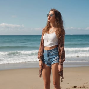 A young woman exudes a hipster vibe in her outfit, standing on a serene beach as she gazes into the distance, embodying a laid-back, bohemian aesthetic.