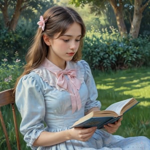 The image is a painting in an impressionist style, depicting a young girl with long, wavy, light brown hair adorned with a pink bow on the right side. She is shown in profile, facing to the left, and is dressed in a light blue, polka-dotted dress with a high collar. The girl appears to be engrossed in reading a book, which she holds in her right hand, her left hand resting on her lap. The background is a blurred, abstract mixture of greens and yellows, suggesting an outdoor setting with tall, grassy vegetation. The painting is executed in soft, blended brushstrokes, characteristic of impressionist art, which gives a gentle, dreamy quality to the image. The girl's expression is calm and focused, her eyes looking down at the book. The overall mood of the painting is serene and contemplative, capturing a quiet moment of reading and reflection. The texture of the painting is smooth and rich, with a soft, luminous quality that enhances the impressionistic style.