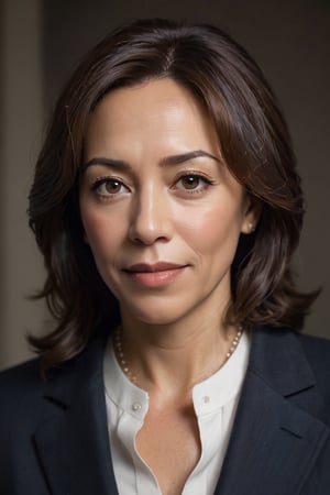 Kamala Harris, Vice President of the United States, exudes confident elegance in a medium shot against a dark background. Soft box lighting creates a flattering glow on her mature beauty, accentuating her silver fox hair and natural makeup. Her direct eye contact and subtle smile convey approachability and seriousness. A high-end camera captures her portrait with an 80mm lens at f/1.4, producing a shallow depth of field and film grain texture. The Canon EOS 5DS R, ISO 100, and 6x7cm medium format film ensure natural skin tones and color accuracy. No retouching or graphics are applied, allowing her mature presence to shine.