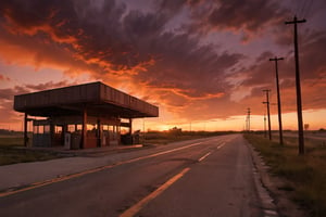A haunting scene unfolds on the deserted highway to hell, where an ominous red sky casts a menacing glow over a worn-out service area. Fluorescent lights flicker like fireflies, casting eerie shadows on rusty metal structures and fading signs that speak of decay and abandonment. In the distance, the highway stretches ominously towards a fiery horizon, as if beckoning the viewer to surrender to its dark allure.