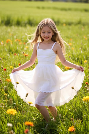 A young girl's dreamy dance unfolds in a sun-kissed meadow, surrounded by wildflowers of vibrant hues. Her flowing white dress ripples softly as she twirls, bathed in warm rays of sunlight filtering through lush green grass. Rays of light dance across her beaming smile, capturing the carefree essence of Renoir or Morisot's Impressionist style.