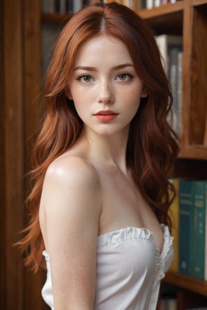 A sultry young woman, her fiery red locks cascading down her back, stands confidently before a wooden door, her bare chest and freckled face beckoning the viewer's gaze. A hint of mischief dances across her lips as she meets the camera's eye. The blurred background subtly showcases a bookshelf, while the bold text 'sex appeal' in the bottom right corner adds an air of sophistication to this captivating scene.