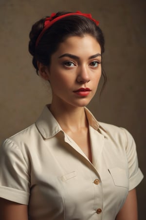 AOC poses confidently in a pinup-inspired campaign photo, blending glamour and politics. Set against a studio backdrop, the photorealistic image captures her full figure at eye level, showcasing her determination. Soft studio lighting accentuates her features, while vibrant colors evoke Annie Leibovitz's style. The Canon EOS 5D Mark IV camera renders the scene in stunning 4K resolution, with ultra-detailed textures and sharpness. Masterpiece by oprisco and rutkowski, as imagined by marat safin.