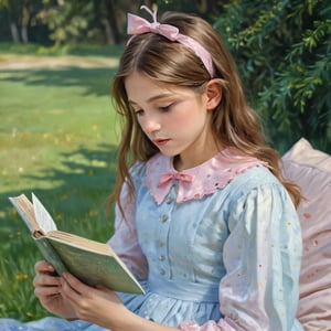 The image is a painting in an impressionist style, depicting a young girl with long, wavy, light brown hair adorned with a pink bow on the right side. She is shown in profile, facing to the left, and is dressed in a light blue, polka-dotted dress with a high collar. The girl appears to be engrossed in reading a book, which she holds in her right hand, her left hand resting on her lap. The background is a blurred, abstract mixture of greens and yellows, suggesting an outdoor setting with tall, grassy vegetation. The painting is executed in soft, blended brushstrokes, characteristic of impressionist art, which gives a gentle, dreamy quality to the image. The girl's expression is calm and focused, her eyes looking down at the book. The overall mood of the painting is serene and contemplative, capturing a quiet moment of reading and reflection. The texture of the painting is smooth and rich, with a soft, luminous quality that enhances the impressionistic style.