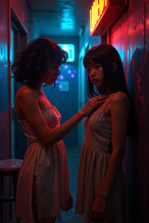 In a dimly lit, vintage Manila brothel, two young girls with gentle, yet anxious expressions stand in a lineup, their cheap, tattered dresses contrasting sharply with the gritty, worn-out surroundings. One girl, with olive-toned skin and dark, curly hair, reaches out to comfort her friend, a lighter-skinned girl with straight, black hair, by placing a delicate hand on her shoulder. The scene is infused with a cyber-goth aesthetic, with neon lights casting eerie, multicolored shadows on the walls, creating a surreal, high-resolution, documentary-style image. The lighting is a mix of soft, naturalistic ambient light and harsh, blue-tinted neon, emphasizing the girls' vulnerable yet supportive interaction. The background is filled with vintage disco elements, including flickering lights and a faint, gabber-style music, adding to the multifaceted, immersive atmosphere. The film grain is subtle, with a desaturated color grading that enhances the eerie, anxiety-inducing mood, reminiscent of David Lynch's cinematographic style.