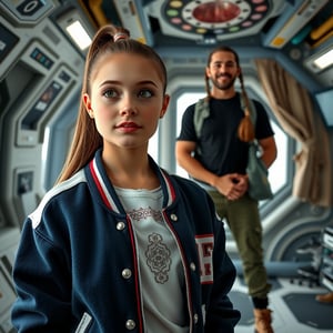 A young woman with fair, matte skin and long, straight light brown hair in a high ponytail stands close-up, her large, expressive green eyes tilted upward in curiosity. She wears a soft, fuzzy navy blue varsity jacket with red and white stripes over a white shirt with intricate silver embroidery. Behind her, a non-Euclidean architect with plaited hair and a lip ring, dressed in green cargo pants, black t-shirt, and hiking boots, stands straight, hands clasping a bag, weight on right leg, smiling. They are inside a high-tech orbital space station, with a stone wall and draped curtains, studio lighting with strong rim light, creating a double complementary (tetradic) color palette. The scene is framed with a shallow depth of field, emphasizing the young woman's youthful and approachable appearance, reminiscent of a Bob Ross painting, with subtle film grain and pastel color grading, capturing a moment of wisdom transfer and intimacy.