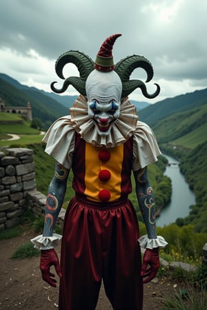 A sinister, twisted evil clown with pale skin and dark, sunken eyes dons saintly attire, contrasting with Medusa-inspired tattoos that snake across his arms and face. He stands provocatively in a fantasy world with a stone wall behind him, green hills rolling into the distance, and a cloudy sky above. A shallow depth of field and center-focused, eye-level angle highlight the clown’s unsettling presence. Cinestillidoscurio’s vivid hues and hyperdetailed, intricate textures bring the scene to life, with dramatic, moody lighting casting deep shadows and highlighting the clown’s malevolent grin. The background features a serene river, adding a stark contrast to the foreboding figure. The scene is framed with film grain and a dark, noir aesthetic, enhancing the eerie atmosphere.