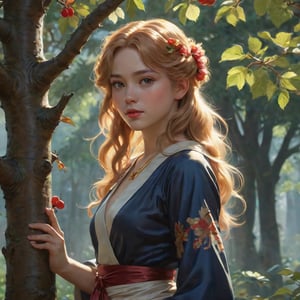 Prompt:  Cute girl gathering cherries on a tree, very long hair, reddish blonde, perfect body, cute face, curvy , insanely detailed art, Renoir Sorolla Degas manet, 8k resolution, lusciously drawn, soft render, ray tracing, unreal engine 5, illustration, by Beeple, WLOP, J. C. Leyendecker stalenhag, Mucha Katsuhiro Otomo by Ruan Jia and Mandy Jurgens and Artgerm and William-Adolphe Bouguereau, featured on artstation, anime style, 4k, in focus, details, hyper realistic,2d rays, cinematic composition, majestic light, 8k resolution, masterpiece, high resolution, award, epic scenery, dark fantasy environment, dnd character Scrolls squats, official studio and professional visual novel cover, fan deviantart Studio,at studio and professional video, by James wain and by Roger Dean and by Ross Tran and by Peter miyakoAnki