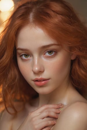 A tenderly lit close-up captures the endearing features of a young girl with fiery red locks, her bright gaze sparkling beneath an ethereal soft glow. Antoni Pitxot's artistic hand guides us through a dreamy atmosphere, as this photobashed portrait presents a winsome subject, bathed in a fuzzy radiance that accentuates her sweet innocence.