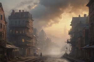 In this eerie, atmospheric watercolor cover, the forgotten metropolis's fog-shrouded skyline is bathed in warm, golden light, with steam-pierced clouds drifting lazily across the sky. Old houses with crumbling facades now hum with advanced electrical networks, their intricate gears and cogs meshing seamlessly with lush flora as they rise like mechanical sentinels from the mist. A mysterious figure, Justine, steps forth from the shadows, her gaze piercing the fog as she emerges in photorealistic detail against a matte background of holographic edges dancing across the surface. The overall effect is one of mystique and allure, inviting the viewer to step into the world of steampunk-tinged excess and desire.