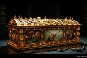 In this photorealistic image, a gold sarcophagus stands imposingly against a dark, foreboding background, its surface adorned with intricate details. Rose cut citrines glint in the dim light, complemented by willow-shaped decorations and bands of octagon cut citrines and cushion diorite cabochons that seem to shimmer like jewels. Spike-like protrusions made of diorite jut out from the sarcophagus, adding a sense of menace to the piece.


The gold sarcophagus, adorned with exceptional craftsmanship, lies before you. Rose cut citrines encrust its surface, complemented by willow-shaped decorations and bands of octagon cut citrines and cushion diorite cabochons. The sarcophagus menaces with spikes of diorite, adding a sense of foreboding to the piece.

A depicted scene on the sarcophagus portrays Stukos Mazewound, a dwarf, ascending to the position of baroness of The Glad Lash in 194. Surrounded by fellow dwarves, this artwork symbolizes a significant milestone for the community.

Another image on the sarcophagus captures Edëm Towerpaint, another dwarf, weeping over the destruction of her masterful pig tail cloak. The cloak had been created for The Tomb of Squeezing at Zedotkol and was destroyed in early spring of 290 by an unknown creature. This artwork serves as a tribute to lost artistry and serves as a reminder of the transient nature of creative works.
