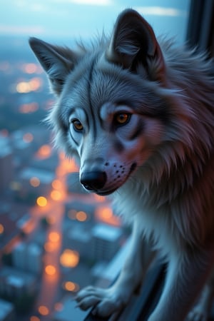 A close-up of a female werewolf with soft, silvery fur and piercing amber eyes, her expression a mix of curiosity and mischief. She stands on a glass balustrade overlooking a blurry cityscape in a mystical land of eternal twilight. Natural lighting filters through, complemented by studio lights with strong rim lighting to accentuate her furry features. The analogous color palette of deep purples, blues, and silvers creates a dramatic, moody atmosphere. Shot on a Pentax K-1 Mark II with a Pentax FA 43mm f/1.9 Limited lens, the image has a subtle film grain and a slightly underexposed look, enhancing the mystical and ethereal vibe.