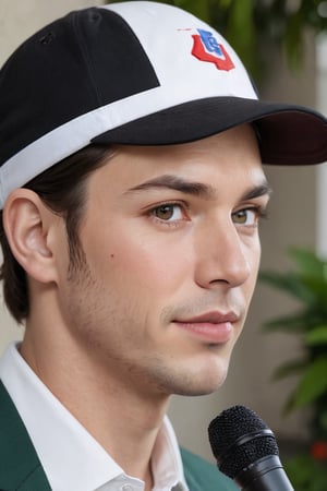 A tight close-up frames the man's face, with the red cap 'USA' and '45' prominently displayed at a slight angle to the left, adding visual interest. Dark brown hair is neatly styled back into a ponytail, complementing the subtle smile playing on his lips. His eyes, slightly open, hint at a sense of calm confidence. The black suit jacket and white polo shirt exude professionalism, with the microphone's matte finish reflecting the man's gaze. In the upper right corner, a lush green plant adds a pop of color to the otherwise muted palette.