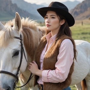 a close-up, eye-level shot captures a young woman in a cowboy hat and brown fur vest, standing next to a white horse. the horse's mane is adorned with light brown spots, adding a touch of elegance to its appearance. the woman's hair is dark, parted down the middle, and styled into a sleek ponytail. she wears a pink shirt tucked into a brown fur vest, which complements her black cowboy hat. her right hand is holding a rope, while her left hand is resting on her hip. the backdrop features a grassy field, with mountains in the distance.