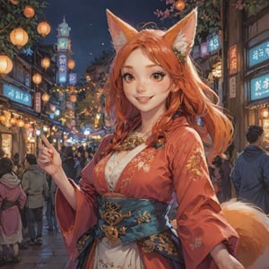 an engaging and vivacious cosplayer dressed in a colorful traditional Japanese outfit, personifying the charming and mystical fox spirit. She stands against a soft, warm glow, illuminating her radiant smile amidst a crowd of excited attendees at a festive event. Her intricate fox crop and red fox ears add to the enchantment, making it impossible to take your eyes off her captivating aura.,1girl,aesthetic,HYPERREAL